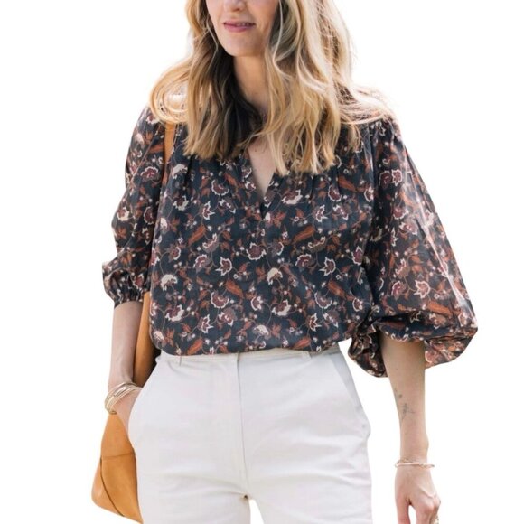 ABLE Boho Floral Top Blouse Sz.3XL Brown 100% Cotton Puff Sleeve Career Cottage - Picture 2 of 15